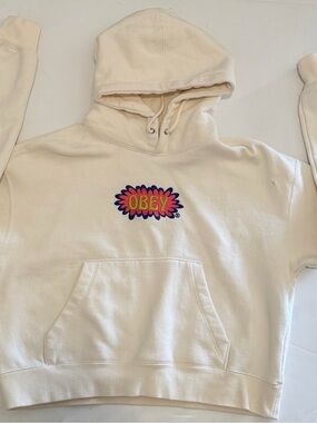 Obey Cream Crewneck Hoodie with Multicolor Logo